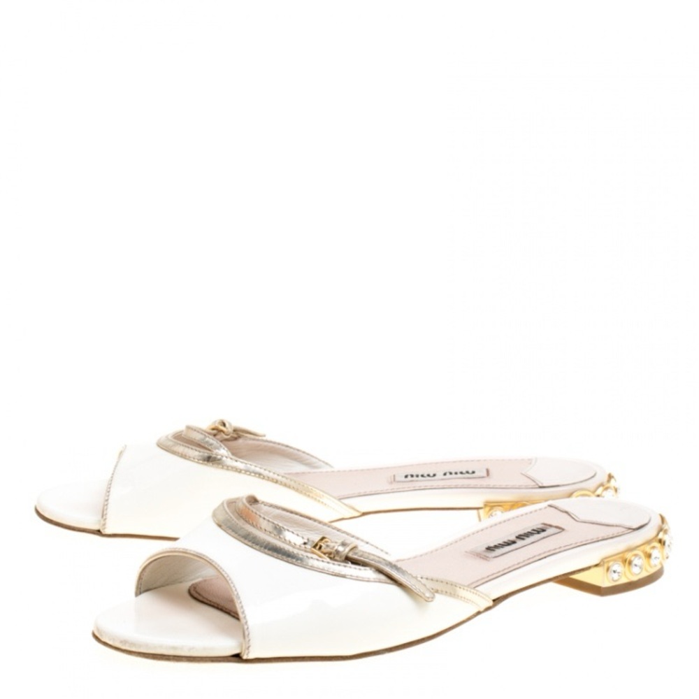 Miu Miu White Patent Leather Peep Toe Crystal Embellished Heel Flat Slides